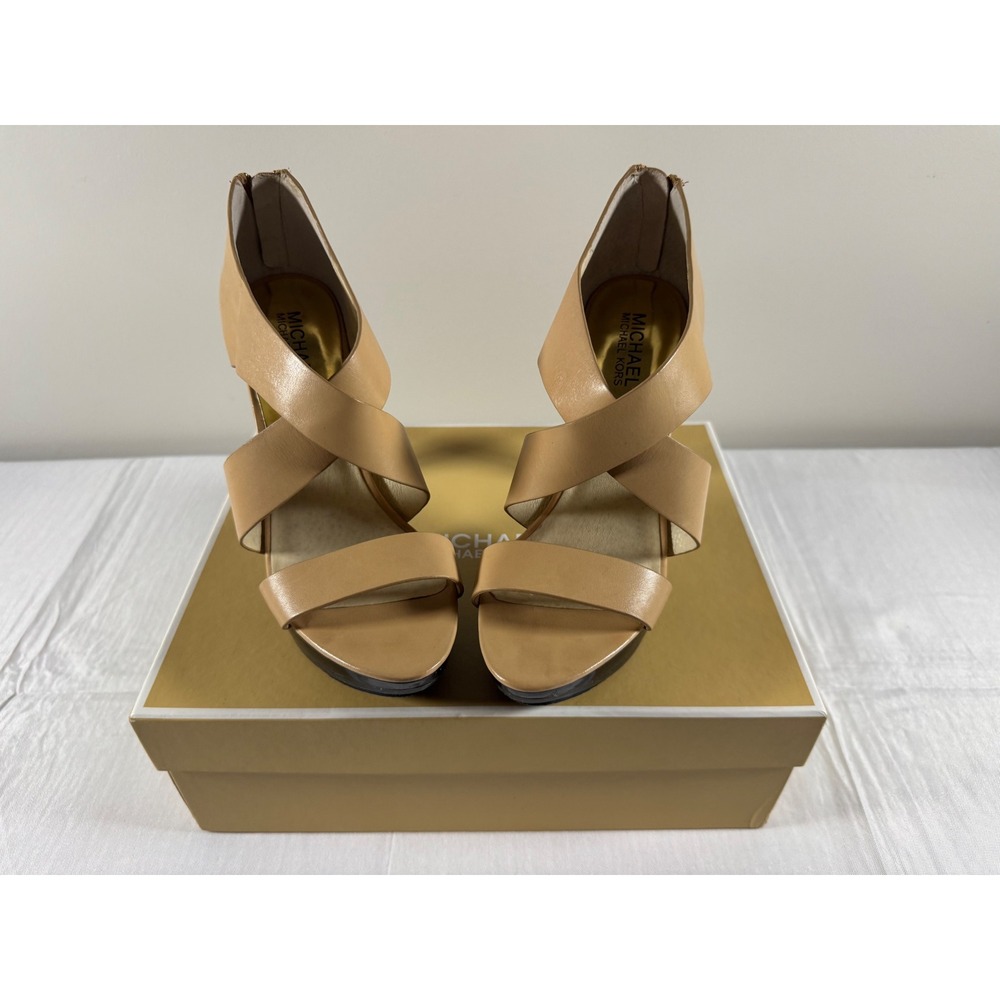 Michael Kors Elena Platform Nude Leather Crisscross Sandal Heels 40S5ELHS3L 7.5M